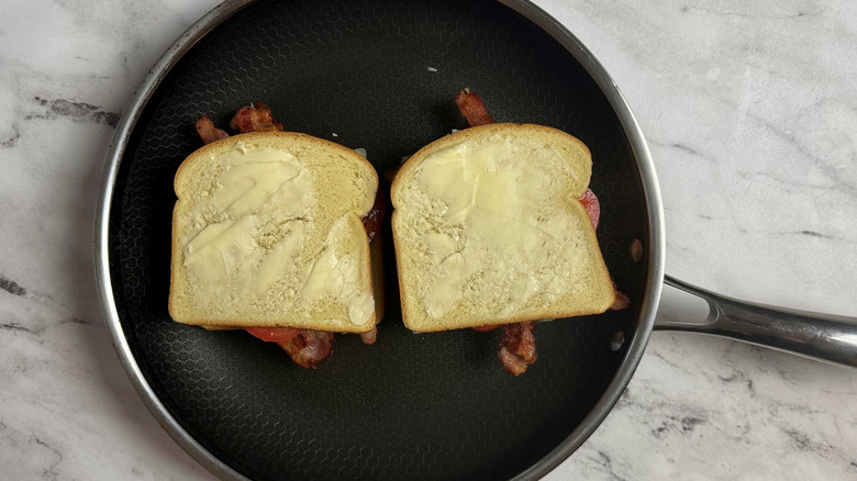 two sandwiches in a frying pan