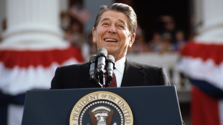 A picture of Ronald Reagan giving a speech