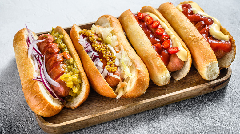 Hot dogs with various toppings