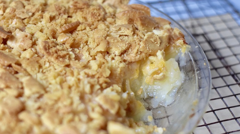 pineapple casserole cooling on wire rack