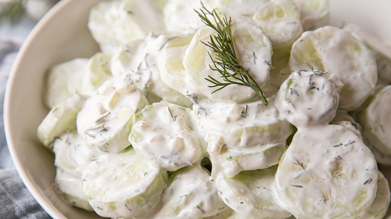 creamed cucumber salad in bowl