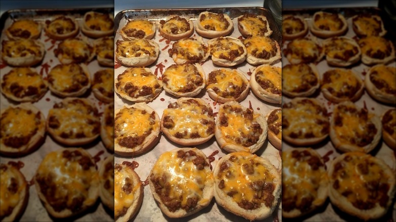 tray of pizza burgers