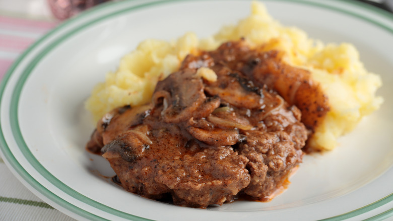 Salisbury steak with mushroom gravy and mashed potatoes