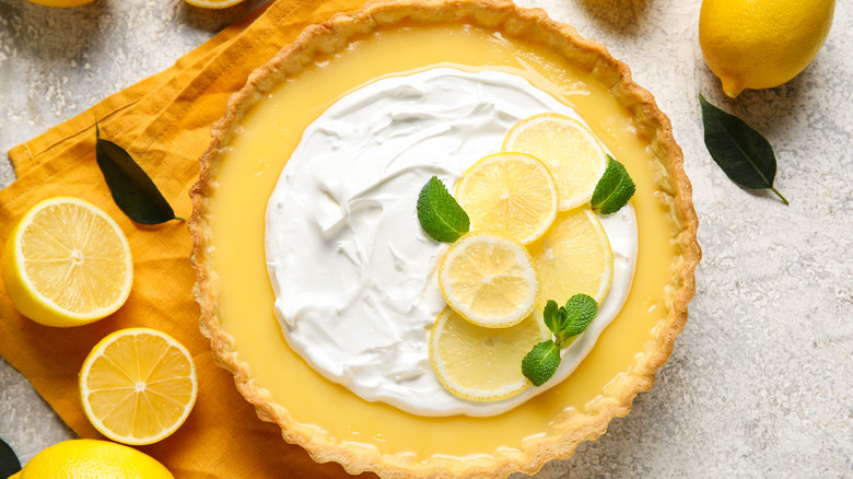 Top view of lemon pie with whipped cream