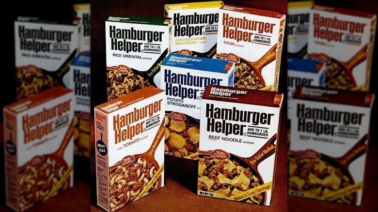 Assorted flavors of Hamburger Helper from the 1970s