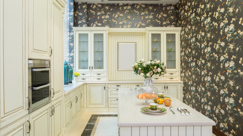 Kitchen with floral wallpaper