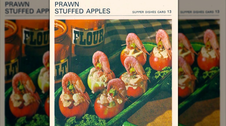 Prawn-stuffed apples vintage recipe card