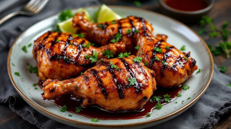 Grilled chicken thighs garnished with lime and fresh herbs served on top of sauce
