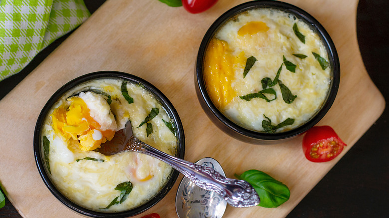 Baked shirred eggs with basil