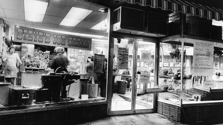 Black and white photo of Steve's Ice Cream shop