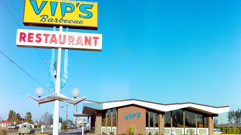Exterior of VIP's restaurant with blue sky