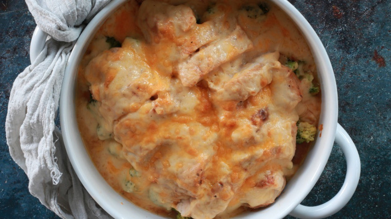 Small casserole dish of chicken and broccoli