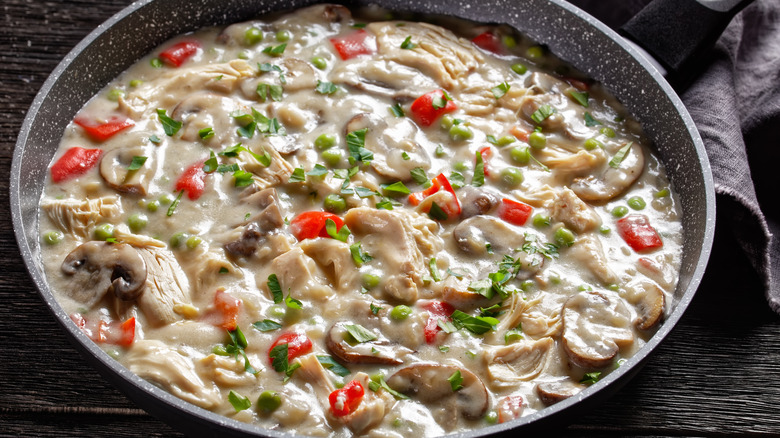 Pan of chicken à la king on wood tabletop