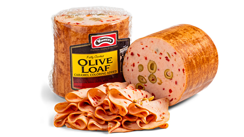 Wimmer's olive loaf, packaged, unpackaged, and sliced