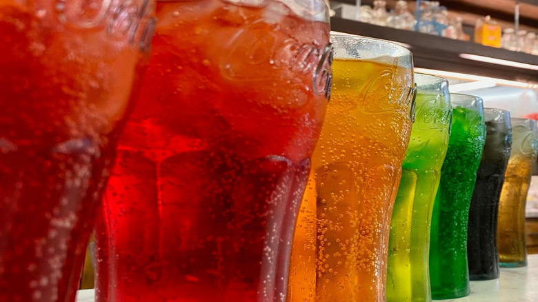 phosphate sodas in Coca-Cola glasses in various colors
