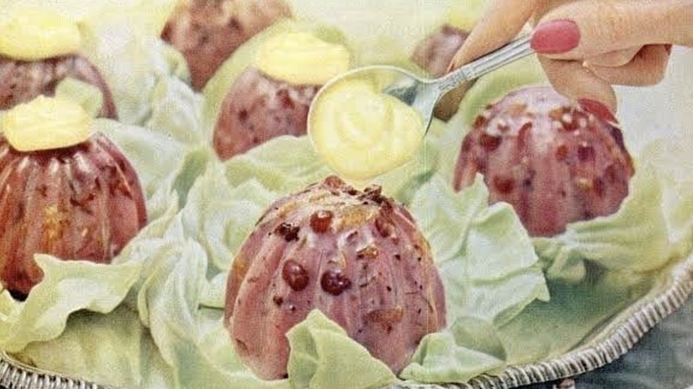 Print of retro cranberry desserts on lettuce