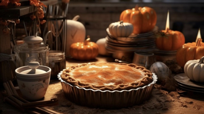 Fall table with pie and pumpkins