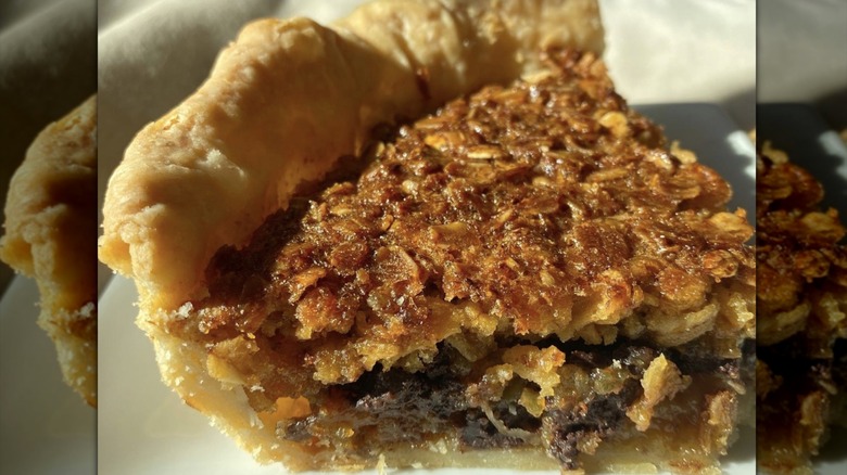 Closeup of slice of oatmeal pie
