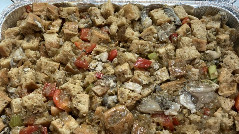 Aluminum tray of oyster stuffing