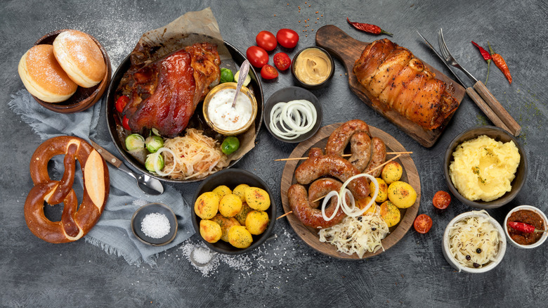 An overhead shot of German foods laid out on table