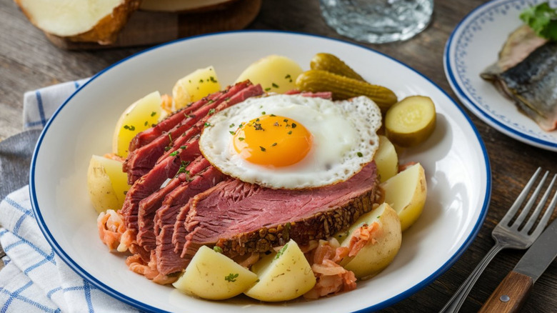 breakfast served with egg, beef, and beets