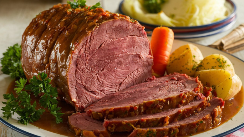 A platter of sauerbraten served with potatoes and carrots