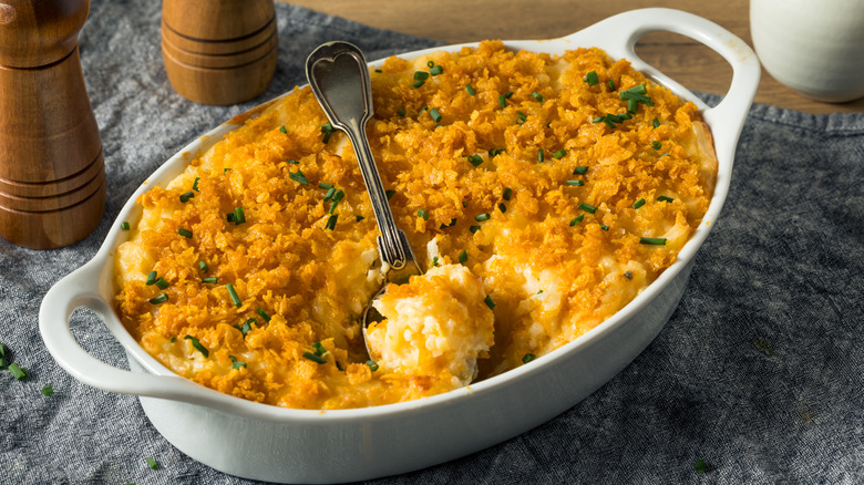 Funeral potatoes in casserole dish