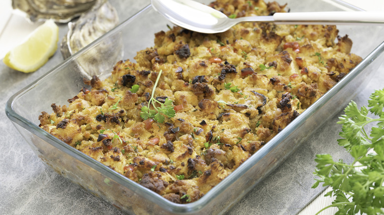 Oyster dressing in Pyrex dish