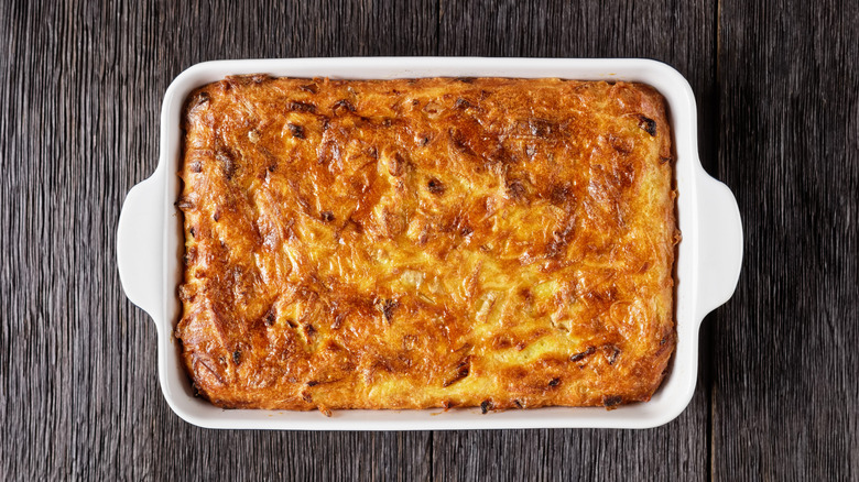 Potato kugel in white dish