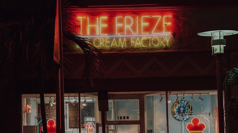 Lit up sign of the frieze ice cream factory