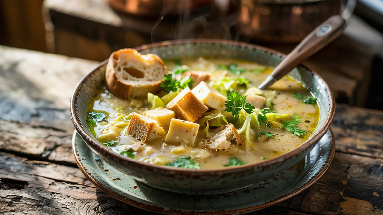 Cabbage, bread, and fontina in soup