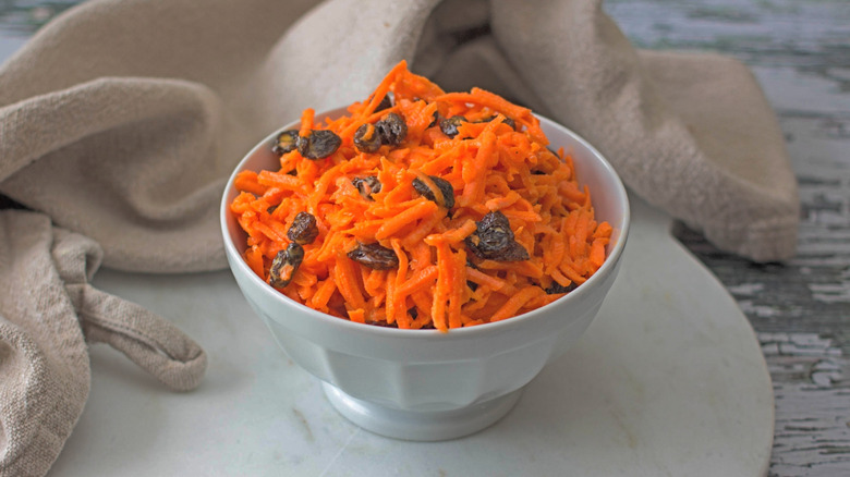 Bowl of carrot raisin salad