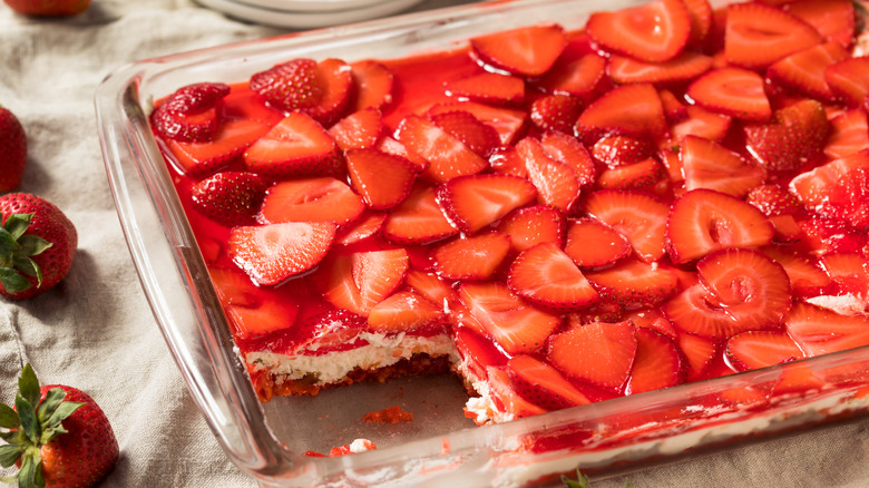 Tray of strawberry pretzel salad