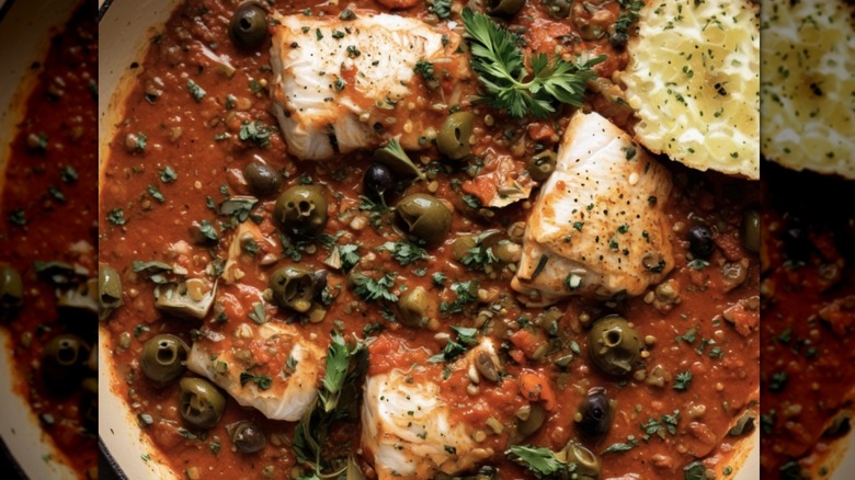 Pot of puttanesca sauce with white fish pieces