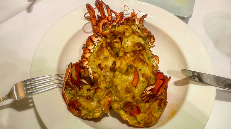 Lobster thermidor on a white plate with fork and knife