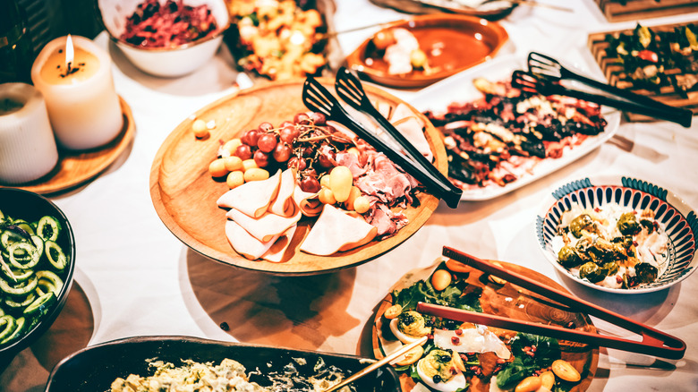 Appetizer party spread on white table