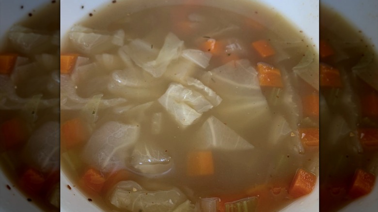 Cabbage soup with carrots in white bowl