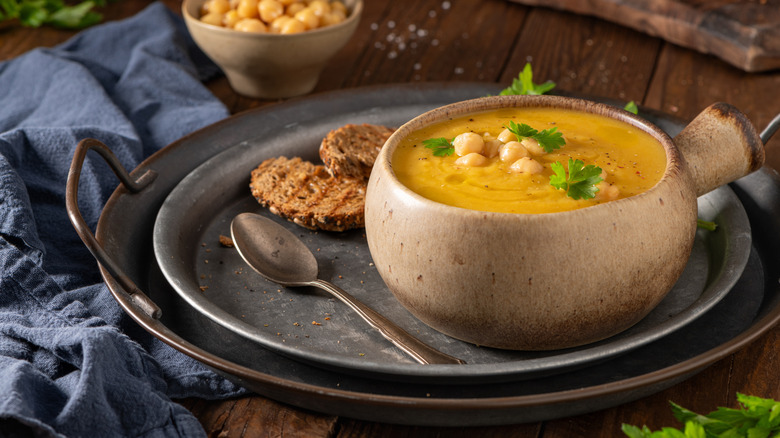 Bowl of soup on rustic table