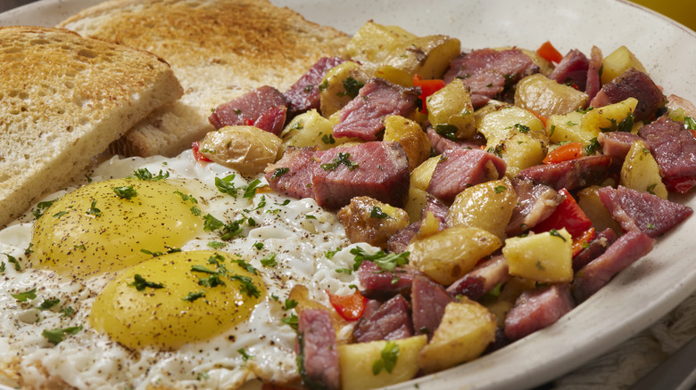 breakfast hash with eggs and toast