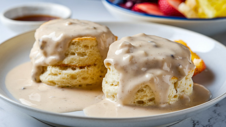 plate of buttermilk biscuits with gravy