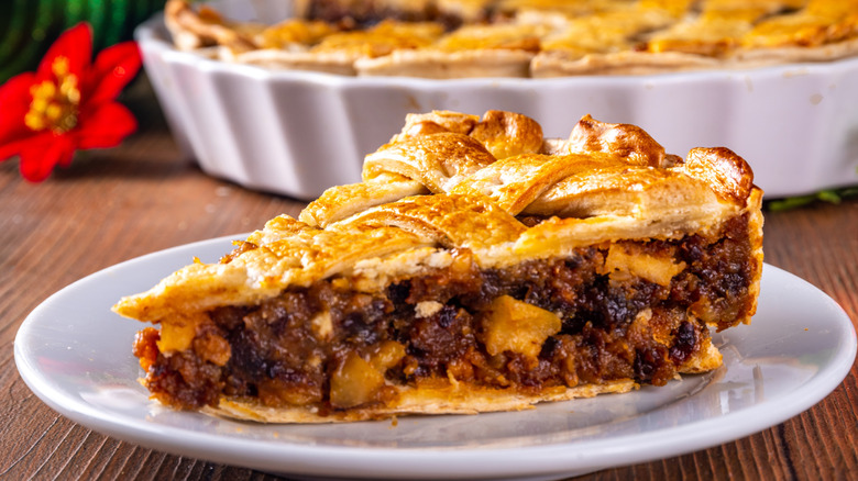 Slice of mincemeat pie on a white plate.