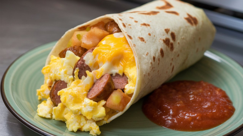 A breakfast wrap filled with scrambled eggs, sausage, cheese, and potatoes next to a dollop of salsa