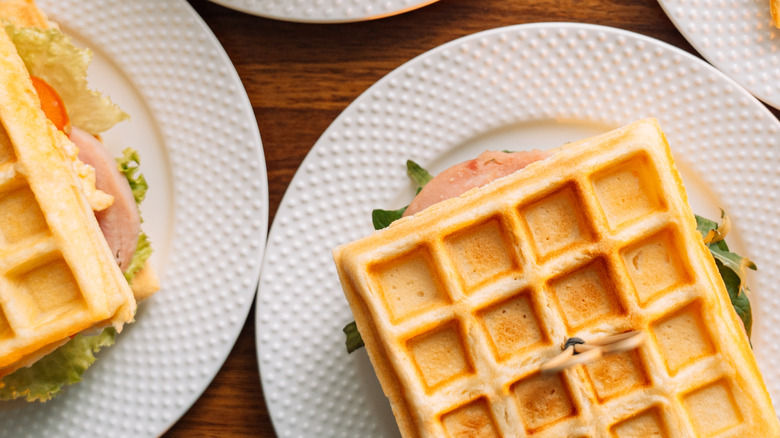 Waffle sandwiches on plates