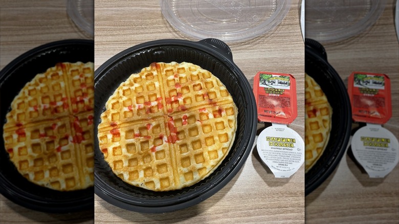 A strawberry waffle in a black container