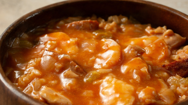 Close up of a bowl of jambalaya