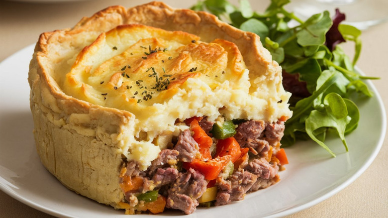 A serving of shepherd's pie made with lamb, cut open on one side to show the filling
