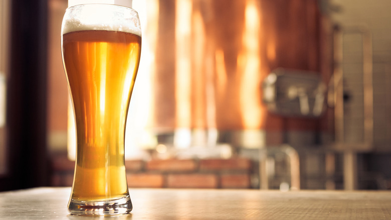Glass of beer in brewery with copper kettle in background