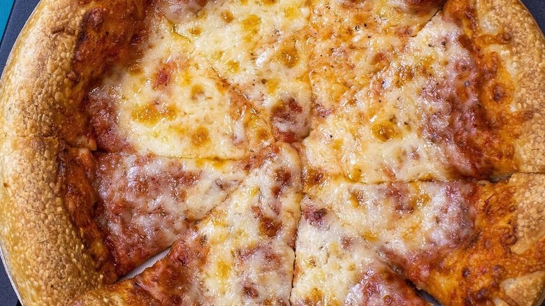 close up, overhead shot of a Greek-style pizza