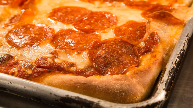 Sicilian style pizza in a pan