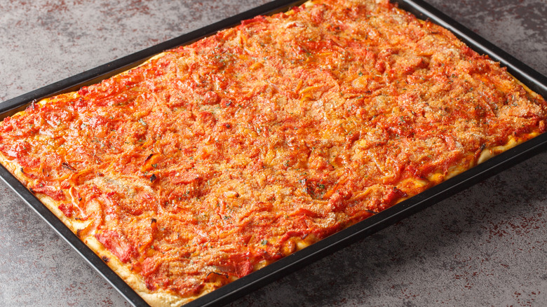 Sicilian style pizza in a pan